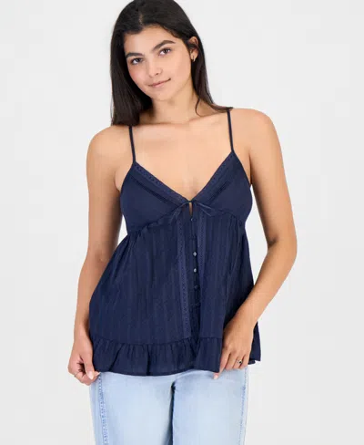 Self Esteem Juniors' Lace-trim Pintuck Cotton Sleeveless Top In Blue