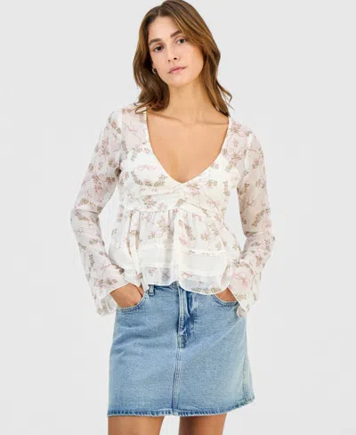 Self Esteem Juniors' Long-sleeve Hanky-hem Woven Top In White