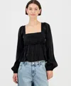 Self Esteem Juniors' Long-sleeve Pintuck Bust Woven Top In Black