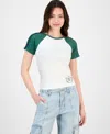 Self Esteem Juniors' Los Angeles Rhinestone Raglan Short-sleeve T-shirt In Green