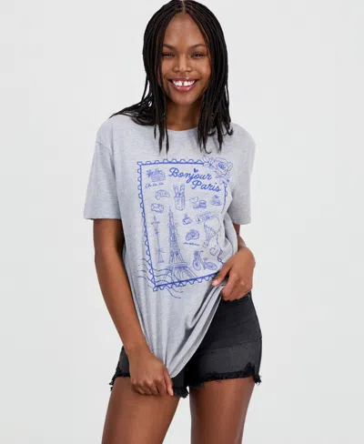 Self Esteem Juniors' Paris Stamp Graphic Print Crewneck T-shirt In Gray