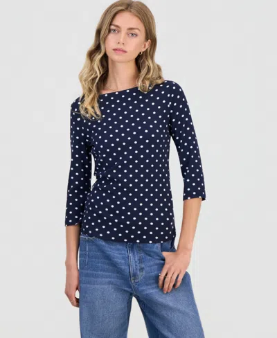 Self Esteem Juniors' Polka Dot Boat-neck 3/4-sleeve Tee In Blue