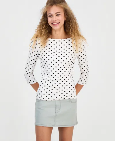 Self Esteem Juniors' Polka Dot Boat-neck 3/4-sleeve Tee In White