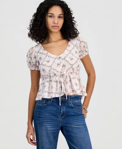 Self Esteem Juniors' Printed Lace Short-sleeve Babydoll Top In Pink