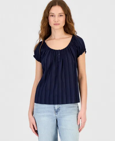 Self Esteem Juniors' Puff Sleeve Tie Back Top In Blue