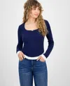 Self Esteem Juniors' Ribbed Layered-look Long-sleeve With Rosette In Blue