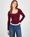Self Esteem Juniors' Ribbed Layered-look Long-sleeve With Rosette In Burgundy