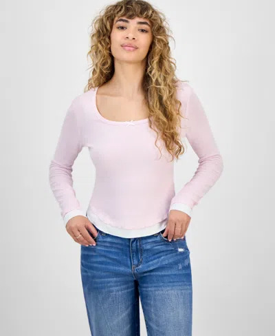 Self Esteem Juniors' Ribbed Layered-look Long-sleeve With Bow In Neutral