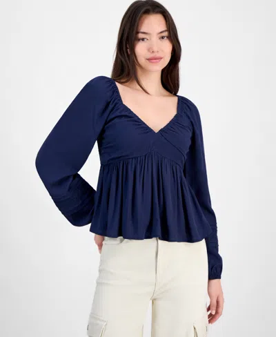 Self Esteem Juniors' Ruched V-neck Lace-inset Blouse In Blue