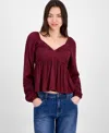Self Esteem Juniors' Ruched V-neck Lace-inset Blouse In Brown