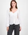 Self Esteem Juniors' Ruched V-neck Lace-inset Blouse In White