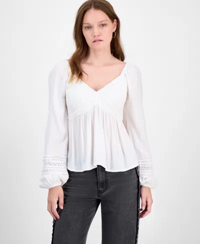 Self Esteem Juniors' Ruched V-neck Lace-inset Blouse In White