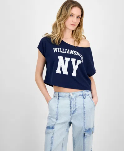Self Esteem Juniors' Graphic Off-the-shoulder T-shirt In Navy