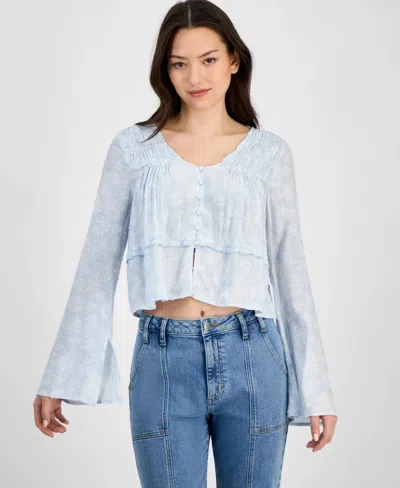 Self Esteem Peasant Top Women's Juniors Blue Floral Smocked Cropped Pal 180 In Multi