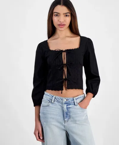 Self Esteem Top Womens Black Cotton Tie Front Scalloped Square Neck Pal157