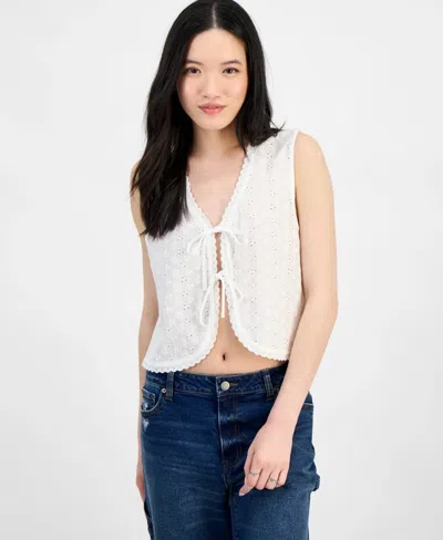 Self Esteem Vest Women's White Embroidered Tie Front Scalloped Hem Pal147