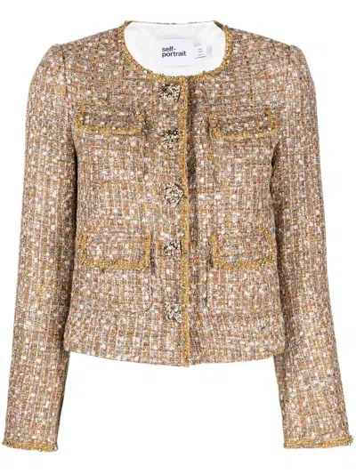 Pre-owned Self-portrait 2022 Self Portrait Gold Tinsel Boucle Mini Dress / Jacket / Full Set