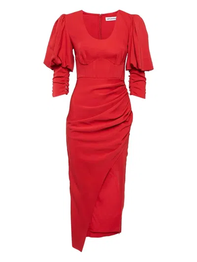 Pre-owned Self-portrait 2024 Puff Sleeve Draped Midi Dress In Red