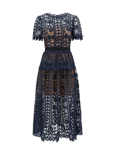 Self-portrait Short Sleeve Lace Midi Dress In Navy Blue