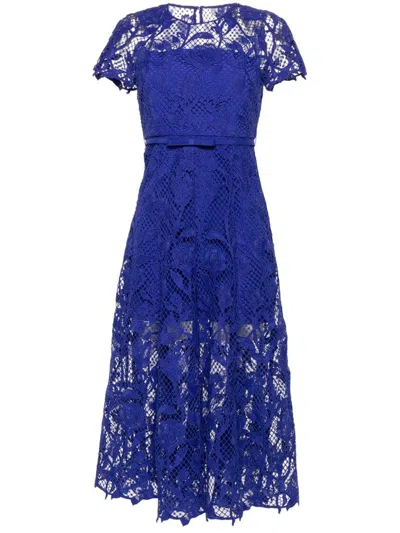 Self-portrait Floral-lace Belted Midi Dress In Blue