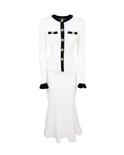 SELF-PORTRAIT WHITE POINTELLE KNIT CONTRAST MIDI DRESS