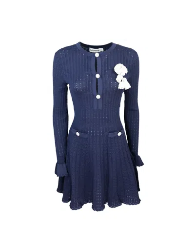 Self-portrait Abito Mini Navy Pointelle Knit Crochet Flower In Blue