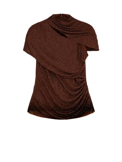 Self-portrait Gathered Cutout Crystal-embellished Mesh Top In Brown