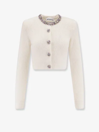 Self-portrait Alpaca Blend Cardigan With Rhinestones In White