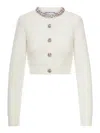 Self-portrait Whirw Cropped Crewneck Cardigan With Crystal Embellishments On Collar And Buttons In Wool Blend Woma In White