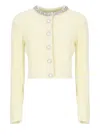 Self-portrait Cropped Cable Knit Cardigan With Pearl Buttons In Yellow