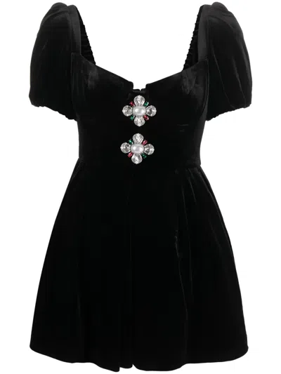 Self-portrait Appliqué-detail Velvet Minidress In Black