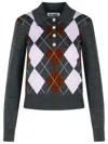 Self-portrait Grey Argyle Lightweight Sweater In Animal Print