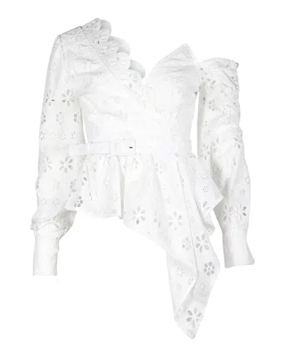 Self-portrait Asymmetric Eyelet Top In White Cotton