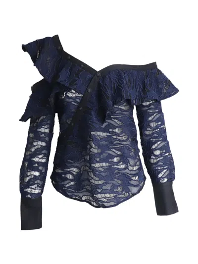 Pre-owned Self-portrait Asymmetric Ruffled Blouse In Blue