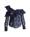 Self-portrait Asymmetric Ruffled Top In Navy Blue Polyester In Blue