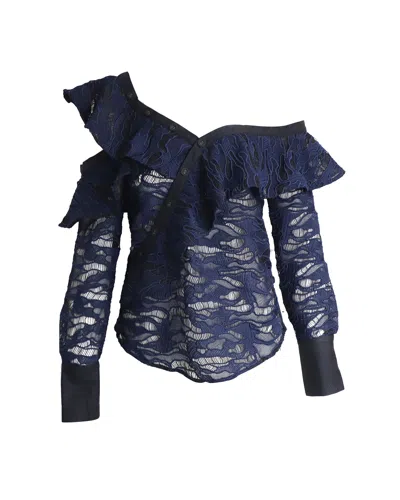 Self-portrait Asymmetric Ruffled Top In Navy Blue Polyester