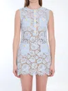 Self-portrait Blue Crewneck Mini Dress With All-over Lace Embroidery And Scallop Hem In Cotton Blend Woman In Blue