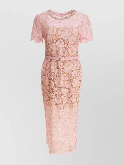 Self-portrait Back Slit Belted Waist Lace Overlay Pearl Embellishment Short Sleeves In Pink