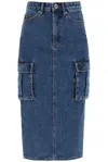 Self-portrait Denim Cargo Midi Skirt Mid Blue In Blue