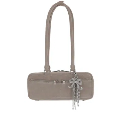 Self-portrait Baguette Shoulder Bag In Suede With Dual Handles In Gray