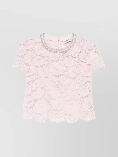 Self-portrait Beaded Floral Lace Top With Crystal Embellishment In Pink