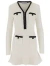 Self-portrait Textured White Dress With Beaded V-neckline In White