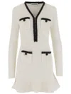 Self-portrait Textured White Dress With Beaded V-neckline In White