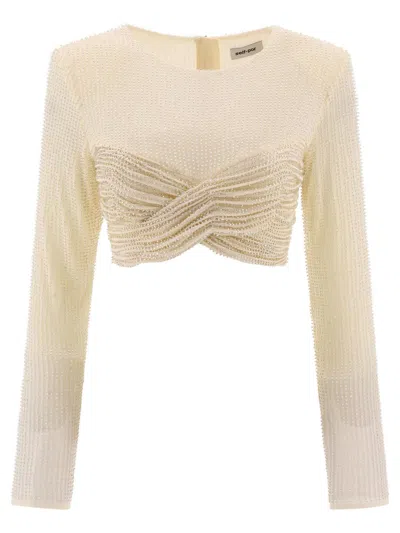 Self-portrait Beaded Mesh Crossover Strap Cropped Top In Beige