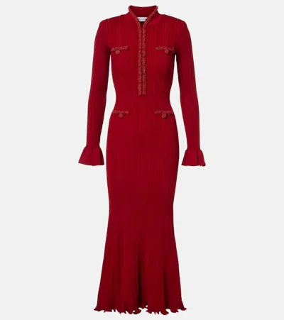 Self-portrait Button-embellished Ribbed-knit Midi Dress In Burgundy