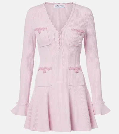 Self-portrait Mini Knitted Dress With Pink Pearl Trim
