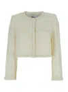 Self-portrait White Crewneck Jacket With Sequin And Faux-pearls Embellishments In Tech Fabric Woman In Beige