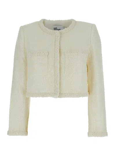 SELF-PORTRAIT WHITE CREWNECK JACKET WITH SEQUIN AND FAUX-PEARLS EMBELLISHMENTS IN TECH FABRIC WOMAN