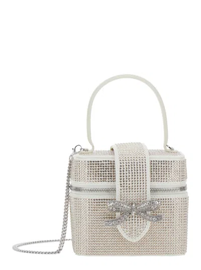 Self-portrait Beige Handbag With Crystal Embellishments And Bow Detail In Tech Fabric Woman In Metallic
