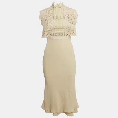 Pre-owned Self-portrait Beige Lace Trim Crepe Midi Dress S